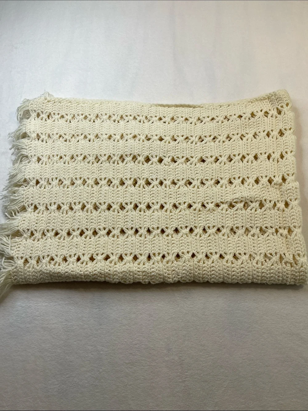 Handmade Cream Crochet Throw Blanket with Fringe 40 X 58 inches